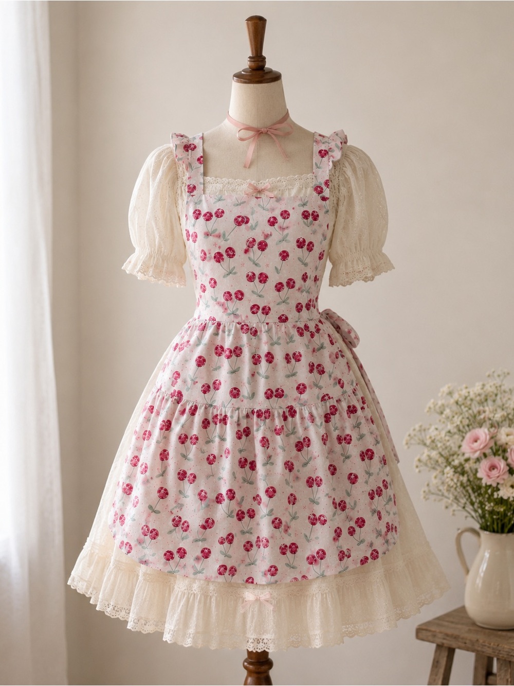 Cottagecore Handmade Pinafore Bib Apron with Gathered Skirt
Cherry Themed